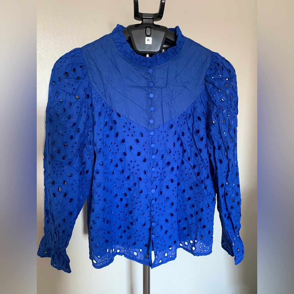 Women's Blue Lace Eyelet Ruffle Neck Button Long Sleeve Blouse S